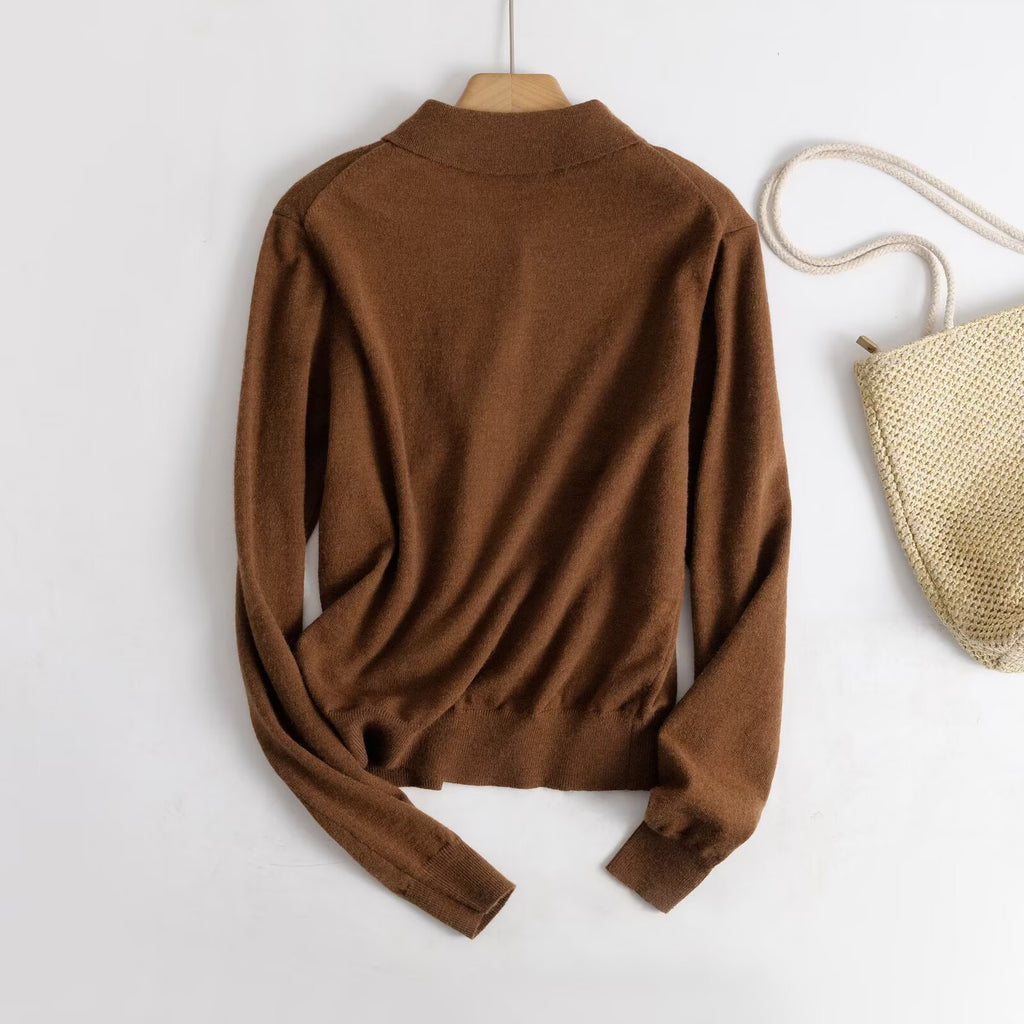 Style Plain Long Sleeve Polo Collar Knit Cardigan