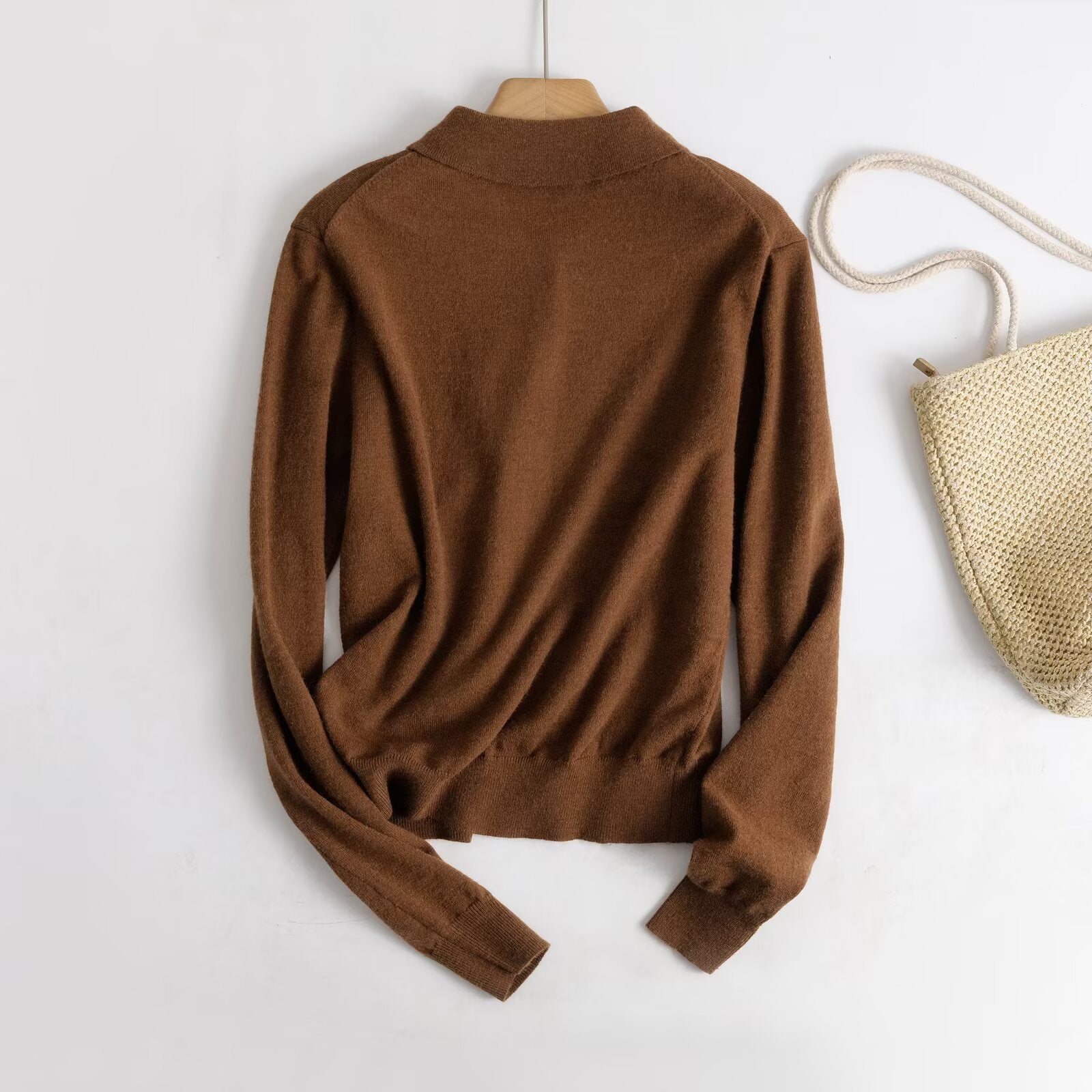 Style Plain Long Sleeve Polo Collar Knit Cardigan