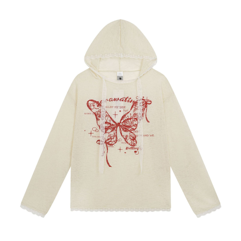 Lace Butterfly Applique Hoodie Lightweight Breathable Lace Trim Sweet Style Long Sleeve