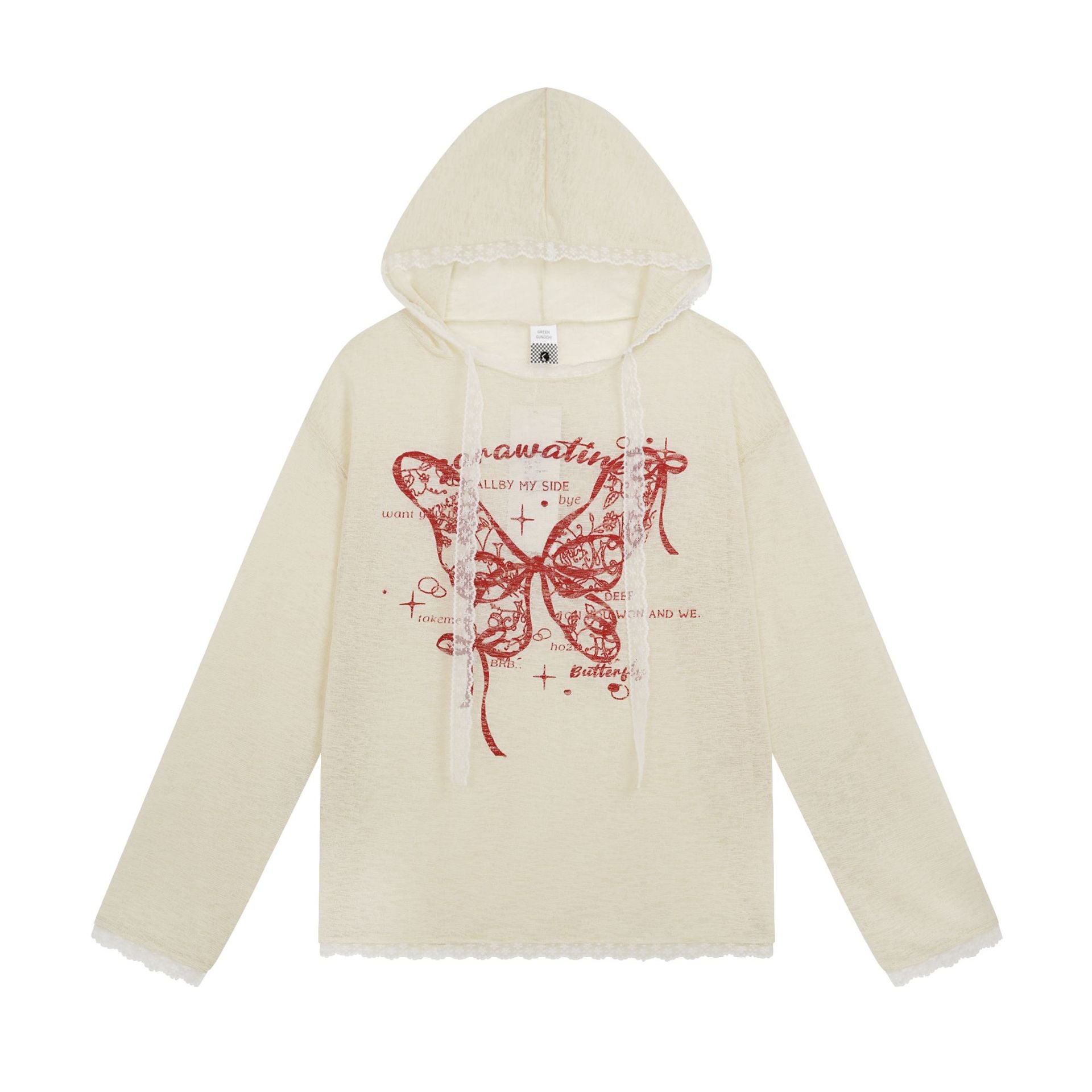 Lace Butterfly Applique Hoodie Lightweight Breathable Lace Trim Sweet Style Long Sleeve
