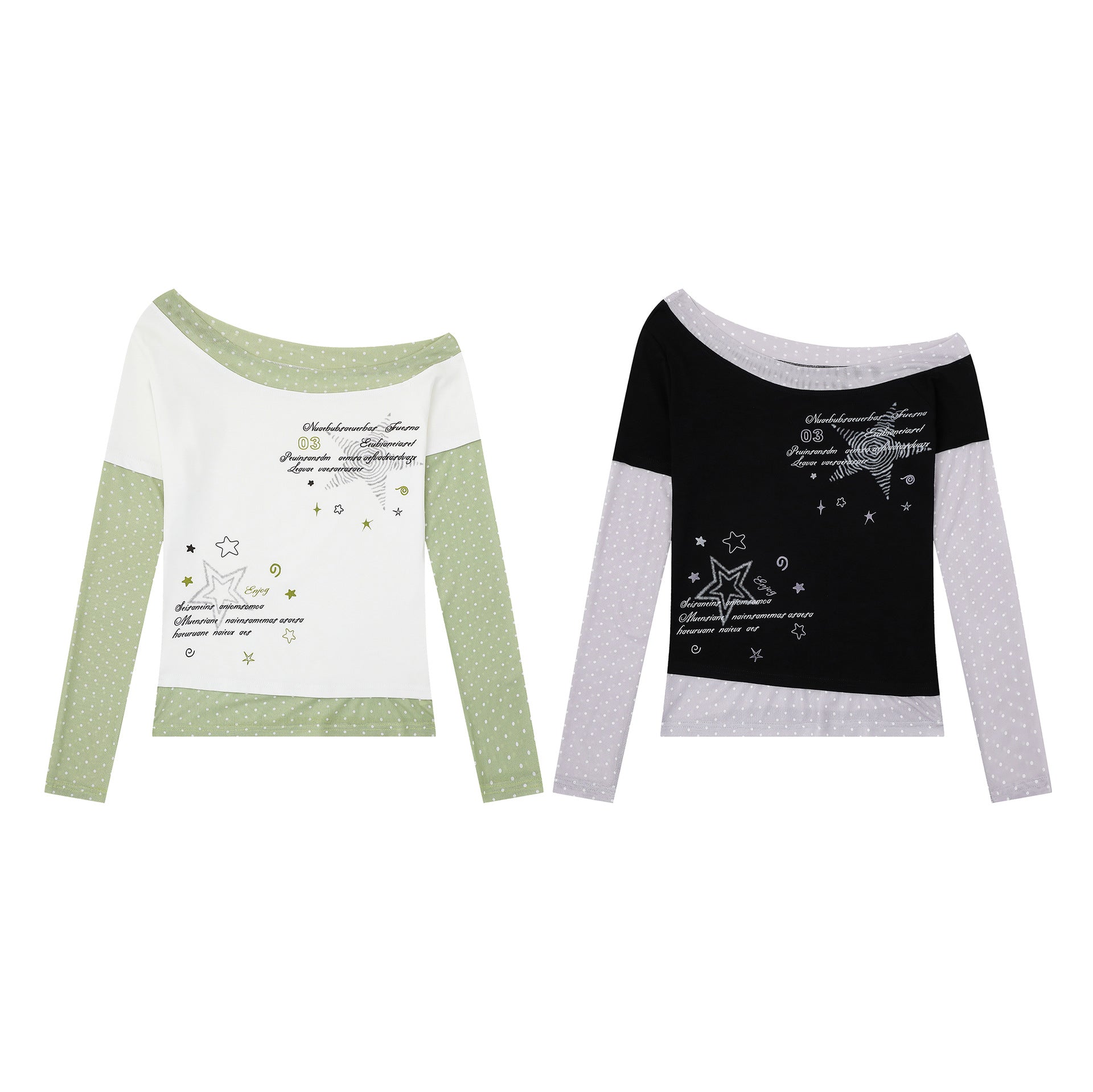 Color-Blocking Polka Dot Fake Two-Piece Base Layer, Asymmetric Shoulder Off-Shoulder Slim Fit Long Sleeve Hoodie