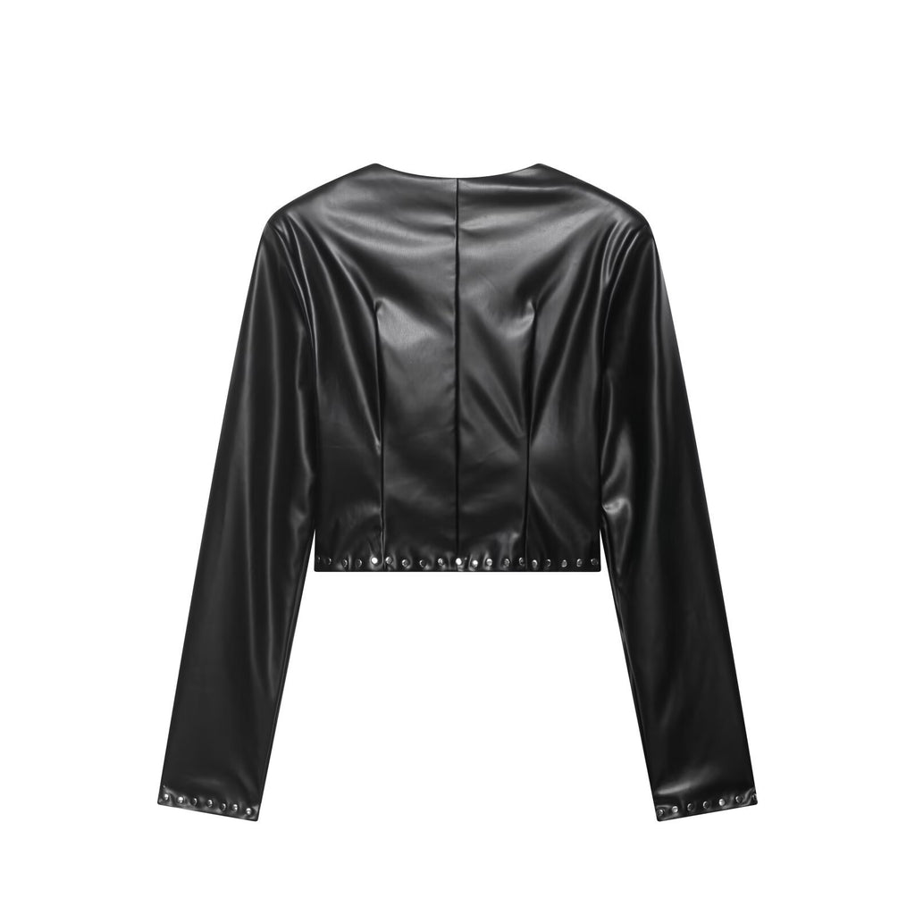 V-rivet short waist exposed jacket+high waist short skirt set