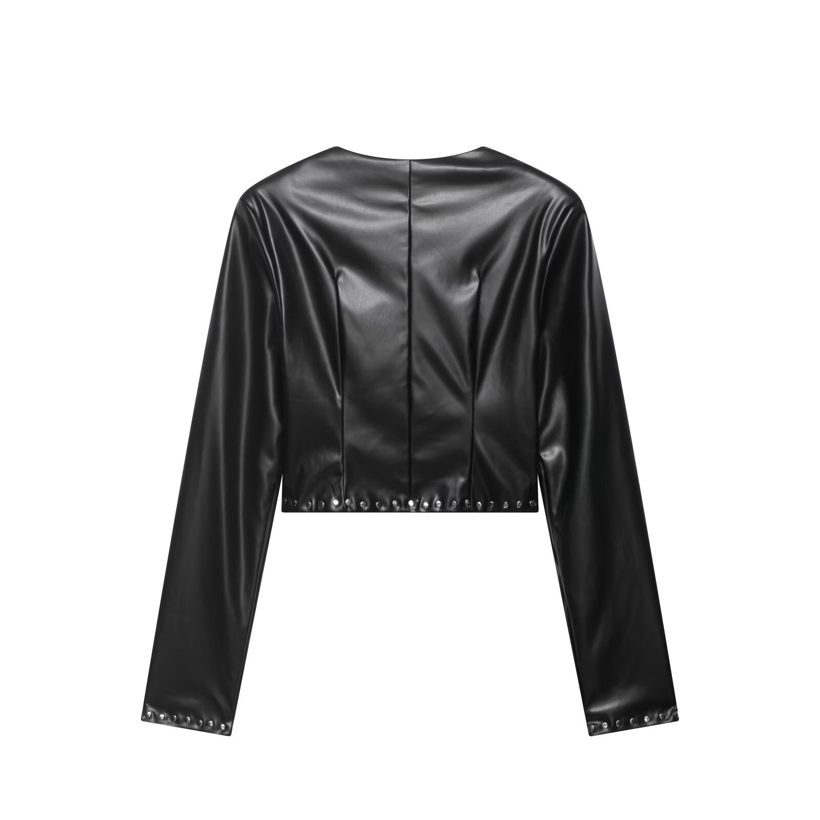 V-rivet short waist exposed jacket+high waist short skirt set
