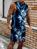 Men's Summer Sleepwear Set Sleeveless Top and Shorts Breathable Polyester Pajamas EU Size M-XXXL