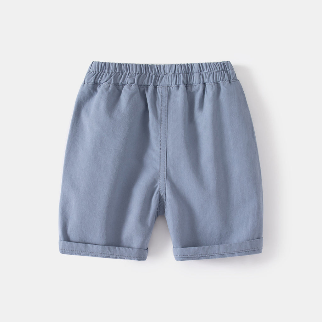 Casual Khaki Five-Point Pants with Large Pockets Faux Button Elastic Waistband Kids Sport Shorts