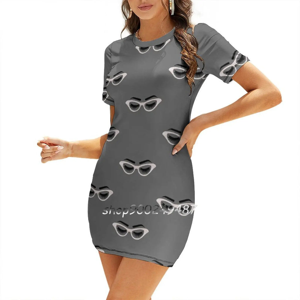 Lashes And Glasses Square Neck Dress Cute Loose Print Dresses Elegant Beach Party Dress Lashes Lash Glasses Glass Eye Lashes