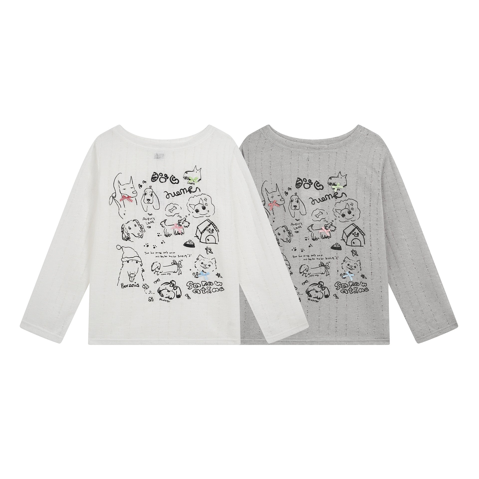 Hand-Painted Dog Print Top, Textured Ribbed Fabric, Soft Style Long Sleeve