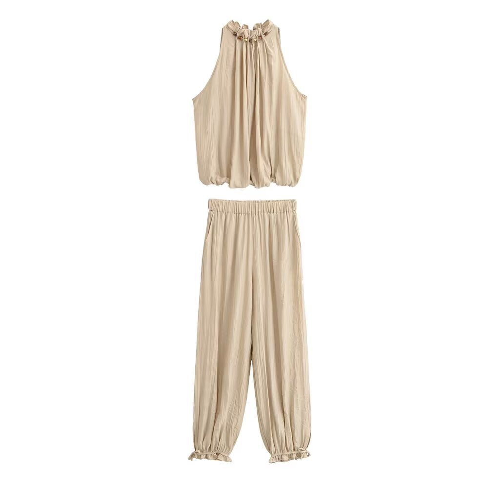 Beaded neck top+lantern pants set
