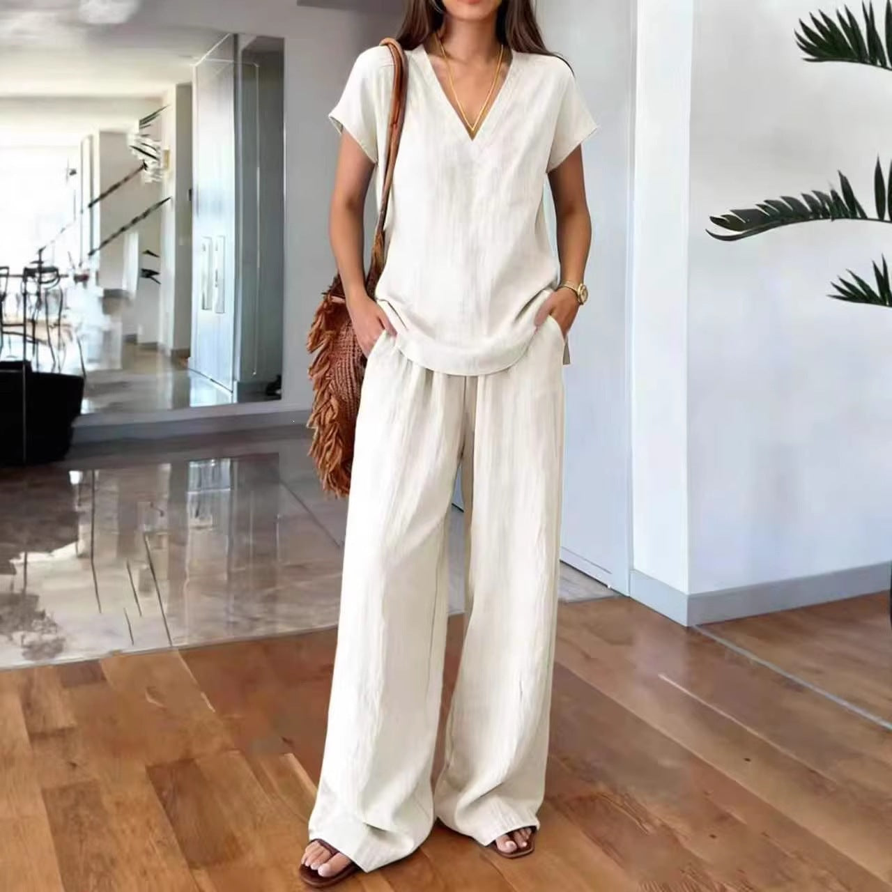 Clothing  Solid Color Women's Fashion Set V-Neck Short Sleeve Long Pants Casual Two-Piece Set