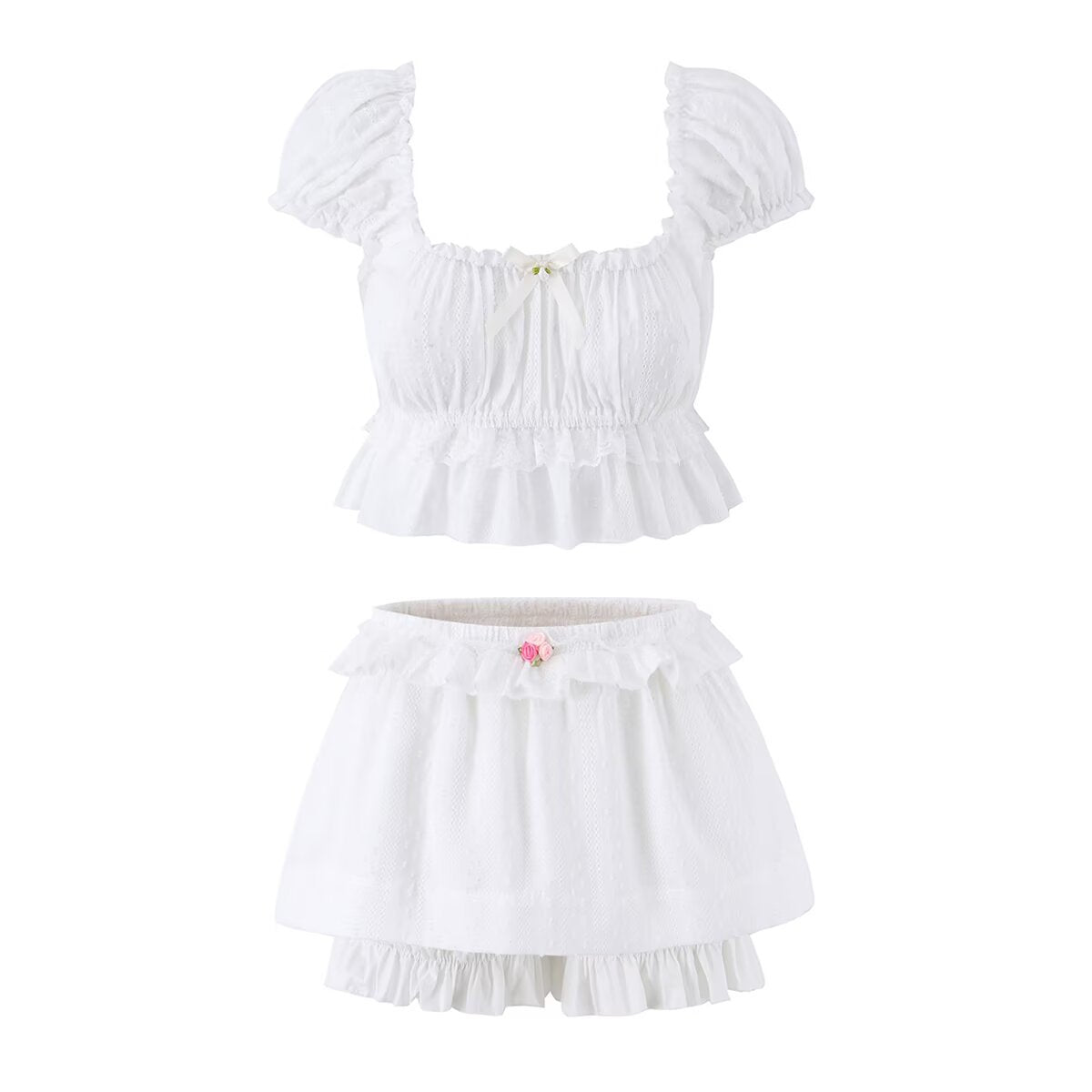 Spicy girl cotton lace top+lace skirt pants set