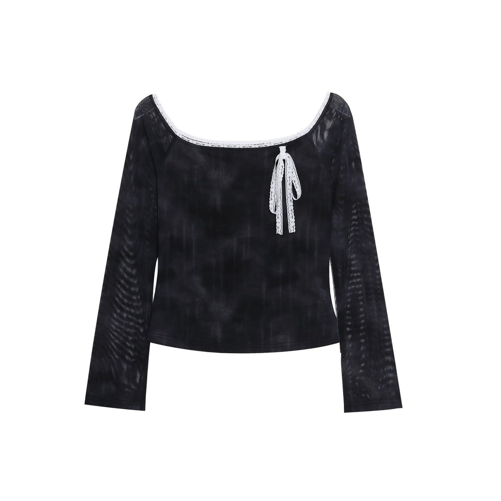 One-Shoulder Tie-Dye Long Sleeve T-Shirt for Women Lace Trim Belted Short Fitted