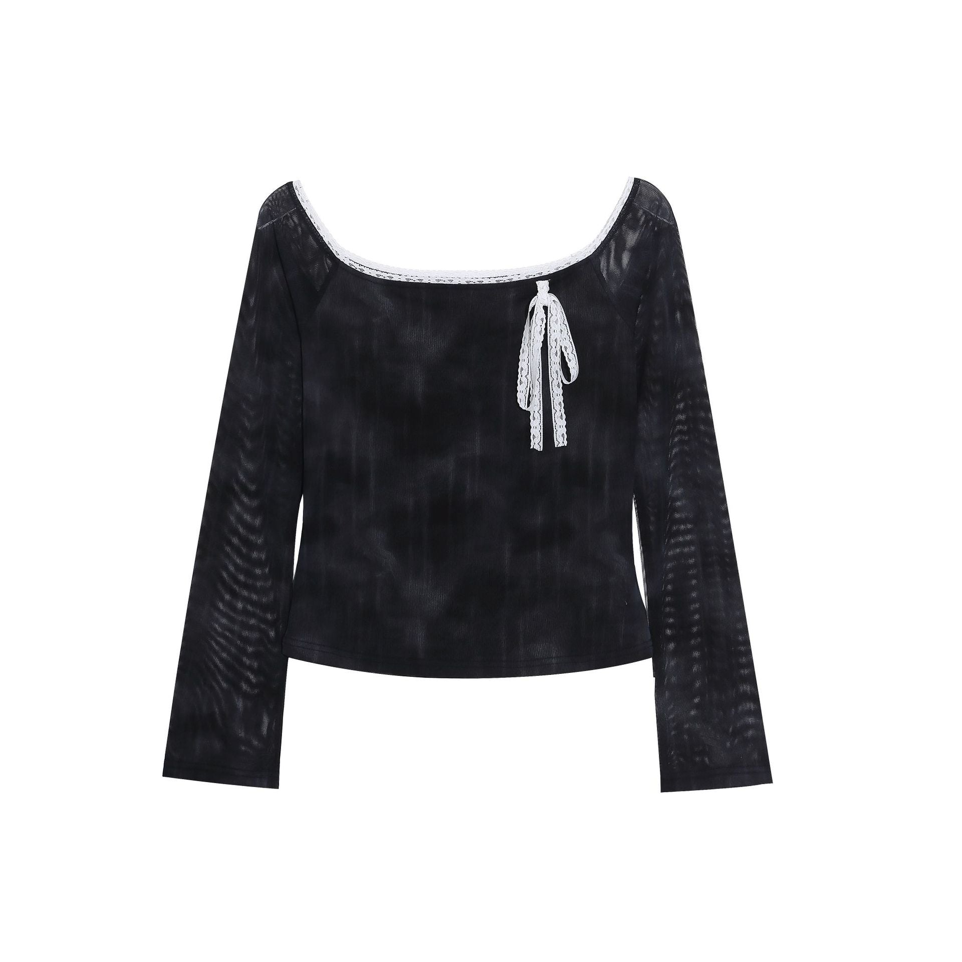 One-Shoulder Tie-Dye Long Sleeve T-Shirt for Women Lace Trim Belted Short Fitted