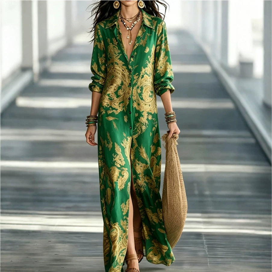 Blue Tone Printed Chiffon Turn-down Collar Split Resort Beach Dress