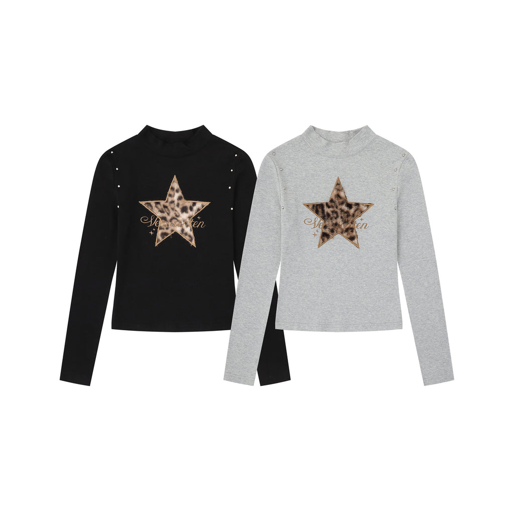 Heavywork Leopard Star Applique T-Shirt High Neck Stud Sweet Spicy Style Versatile Long Sleeve
