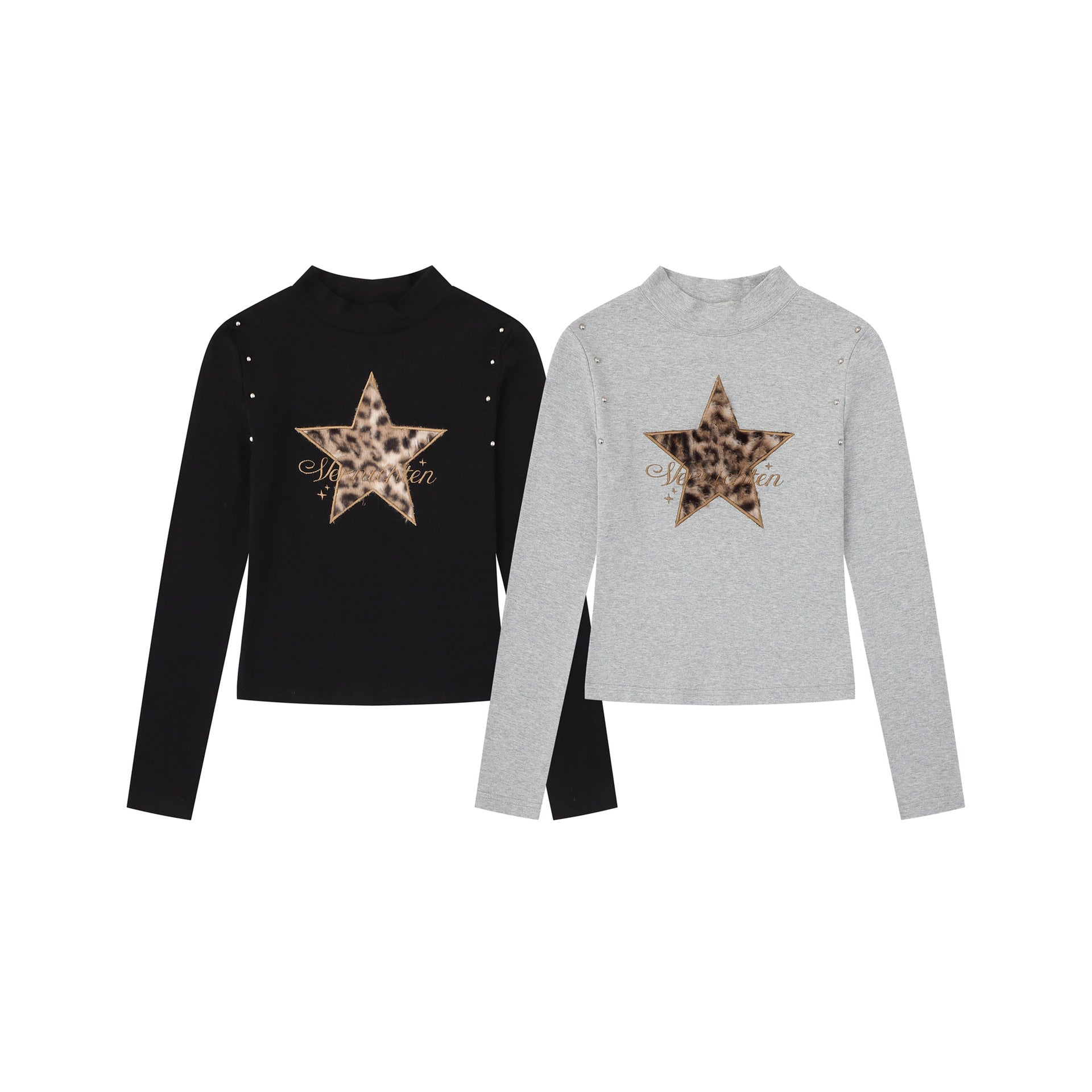 Heavywork Leopard Star Applique T-Shirt High Neck Stud Sweet Spicy Style Versatile Long Sleeve