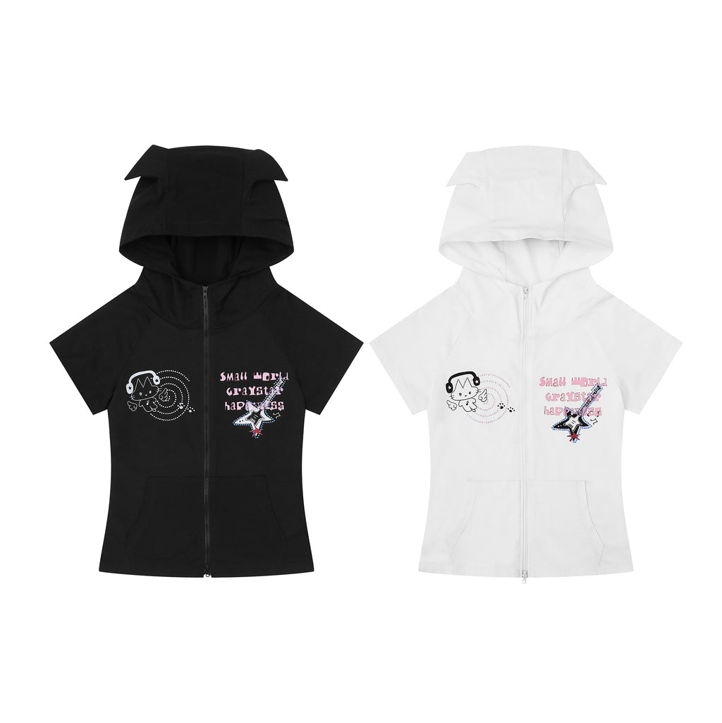 Cute Cat Ear Hoodie Short Sleeve Jacket for Women, Cartoon Guitar Print Slim Fit Top