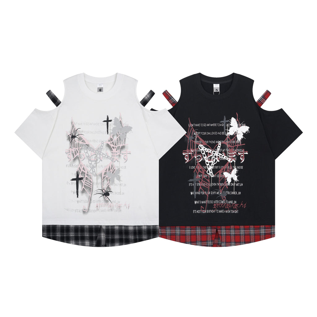 Print Women's Plaid Mock Two-Piece Off-Shoulder Slimming T-Shirt for Commute Outfits
