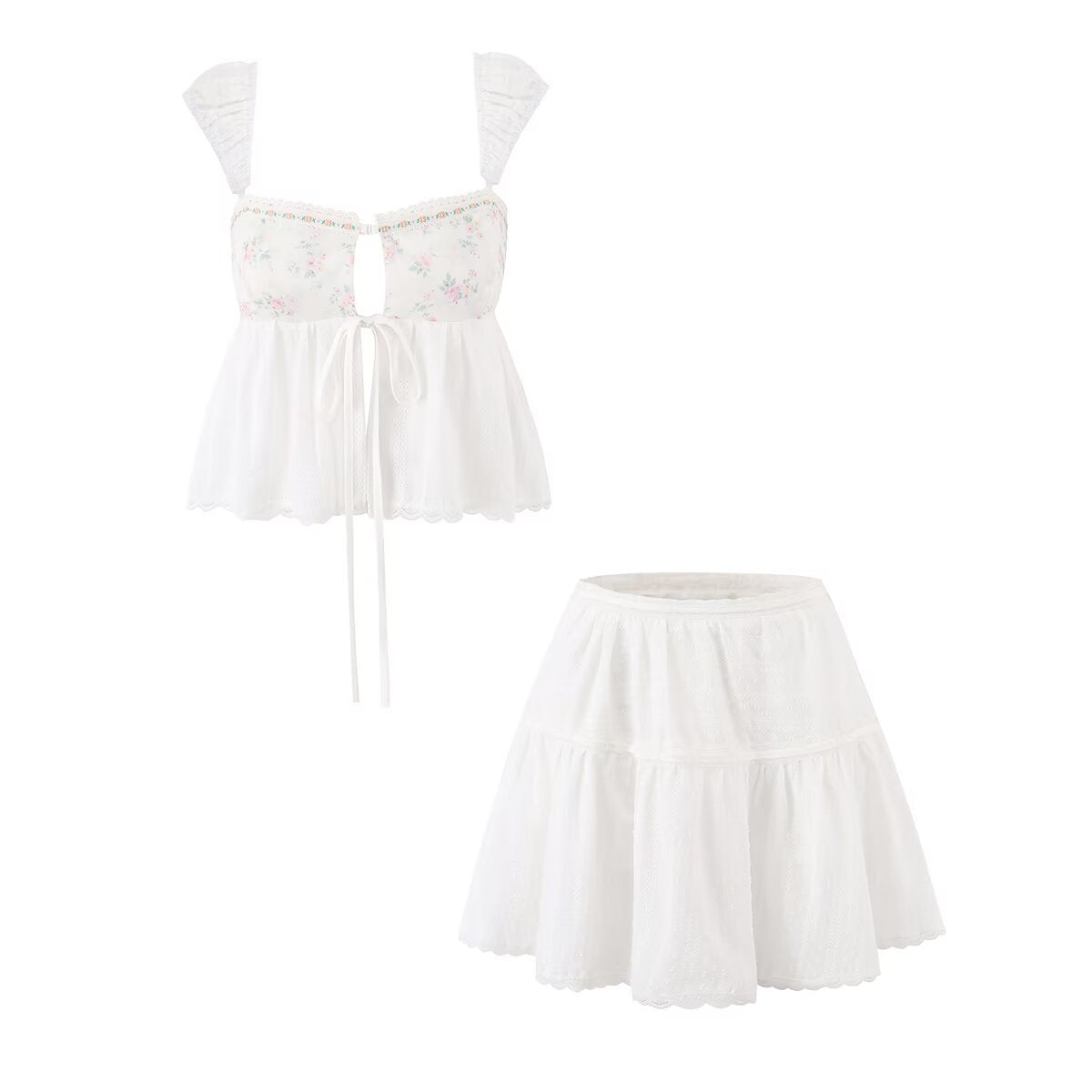 Pure Desire Style Printed Splicing Small Top+Cotton Half Skirt Set