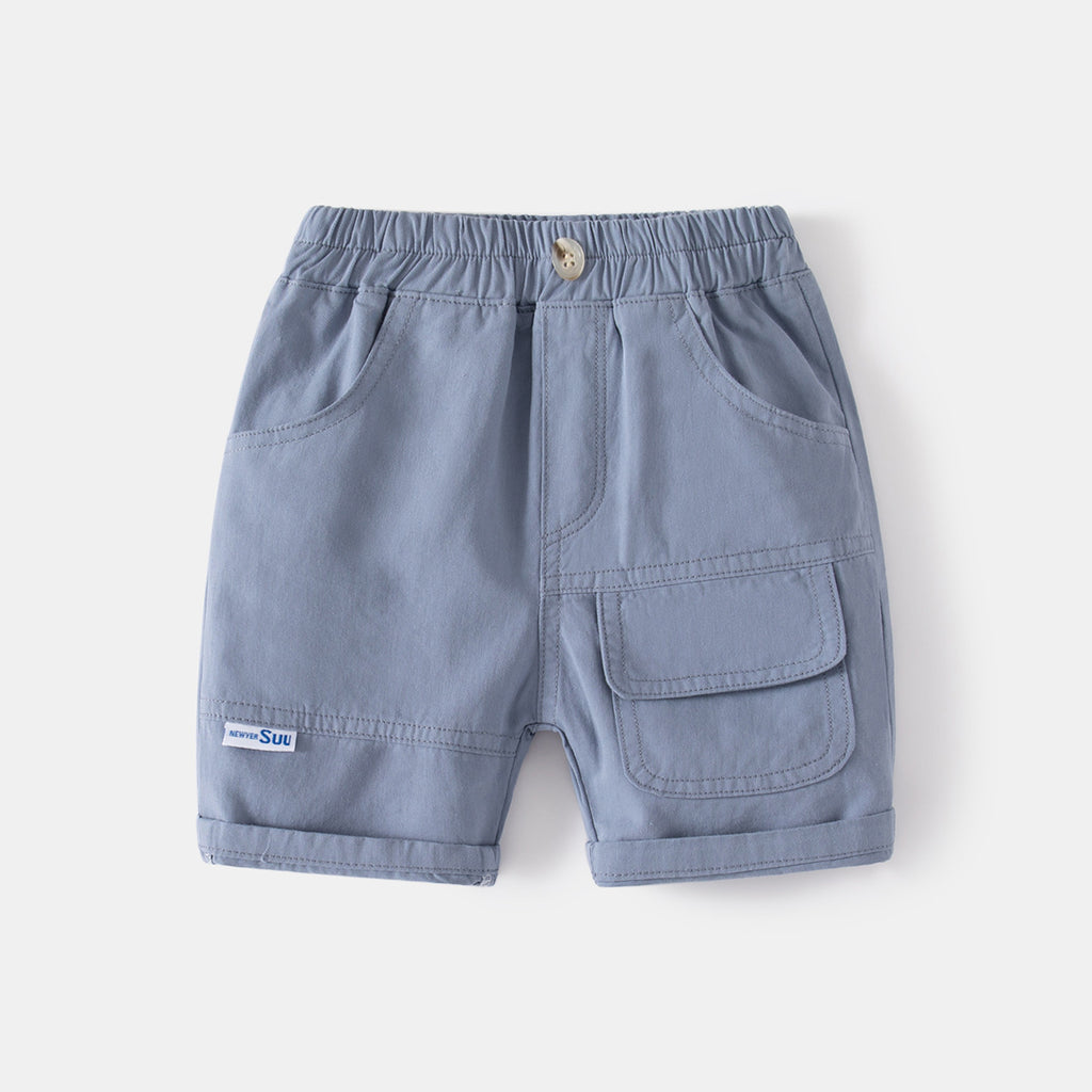 Casual Khaki Five-Point Pants with Large Pockets Faux Button Elastic Waistband Kids Sport Shorts