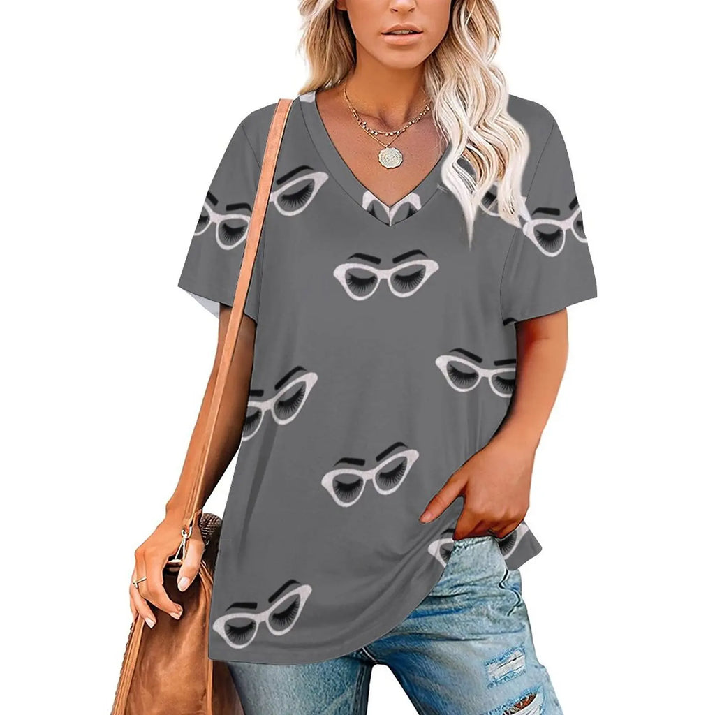 Lashes And Glasses Women Zipper Sexy Printed Vintage T Shirts Tops Full Print T-Shirt Lashes Lash Glasses Glass Eye Lashes
