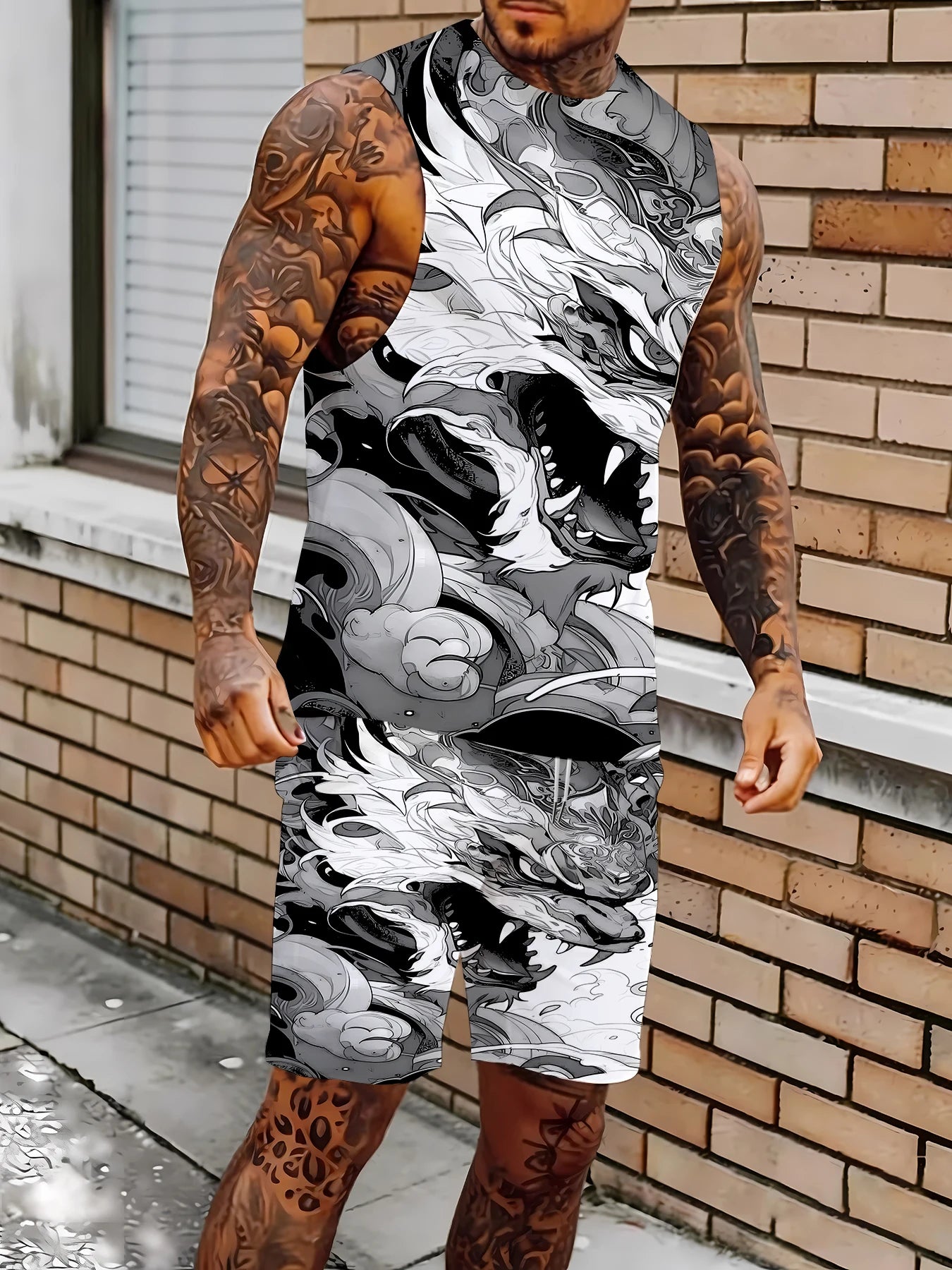 Men's Hawaiian Print Tank Top and Shorts Set Vibrant Polyester Summer Beach Suit Standard Size