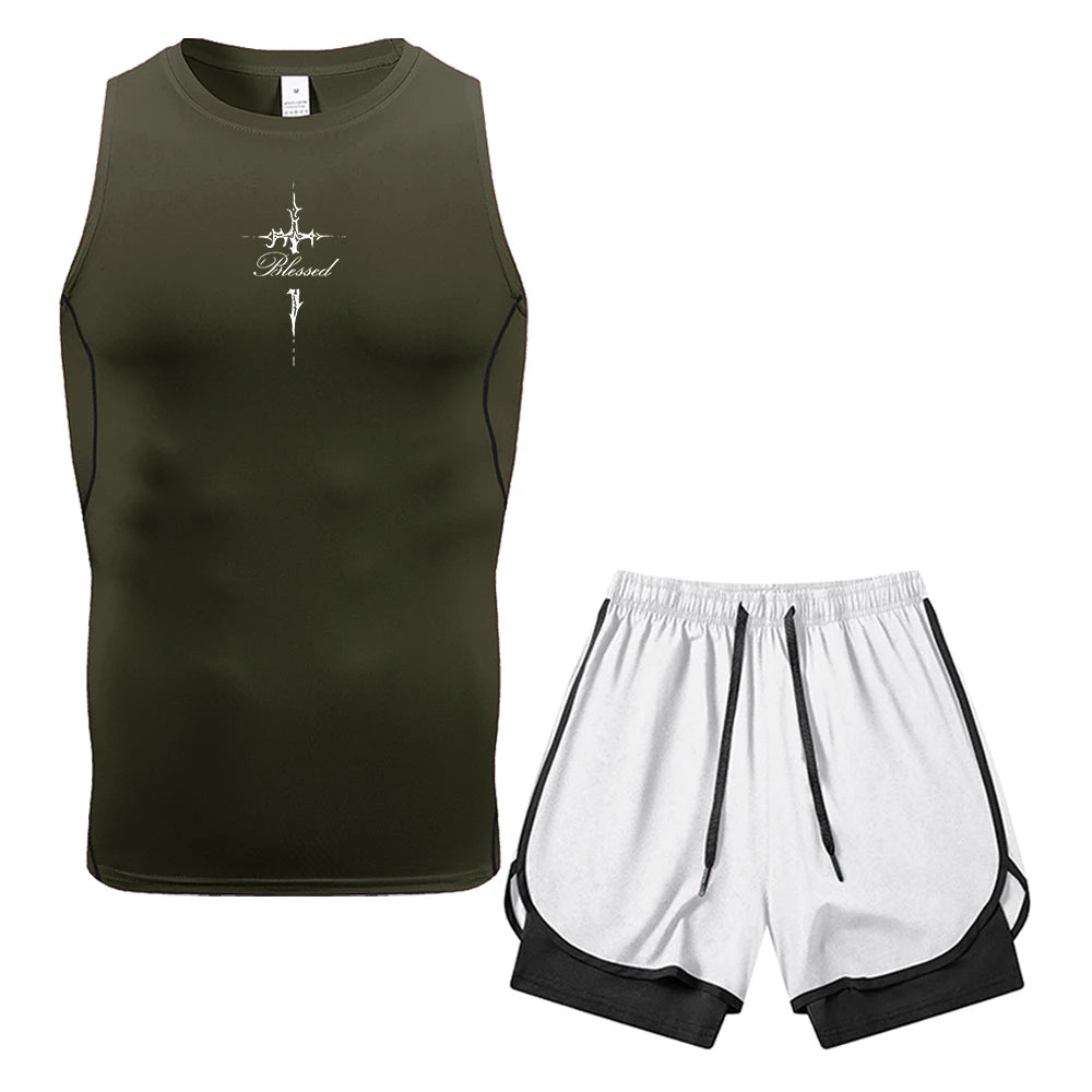Mens 2 Piece Compression Sleeveless Vest Thorn Cross Text Print Dual Layer Shorts With Pocket Towel Ring Gym Training Outfit