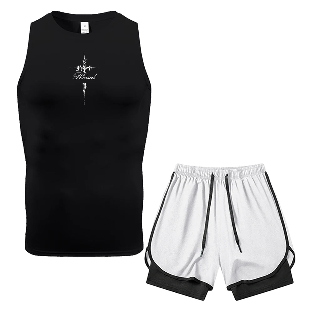 Mens 2 Piece Compression Sleeveless Vest Thorn Cross Text Print Dual Layer Shorts With Pocket Towel Ring Gym Training Outfit