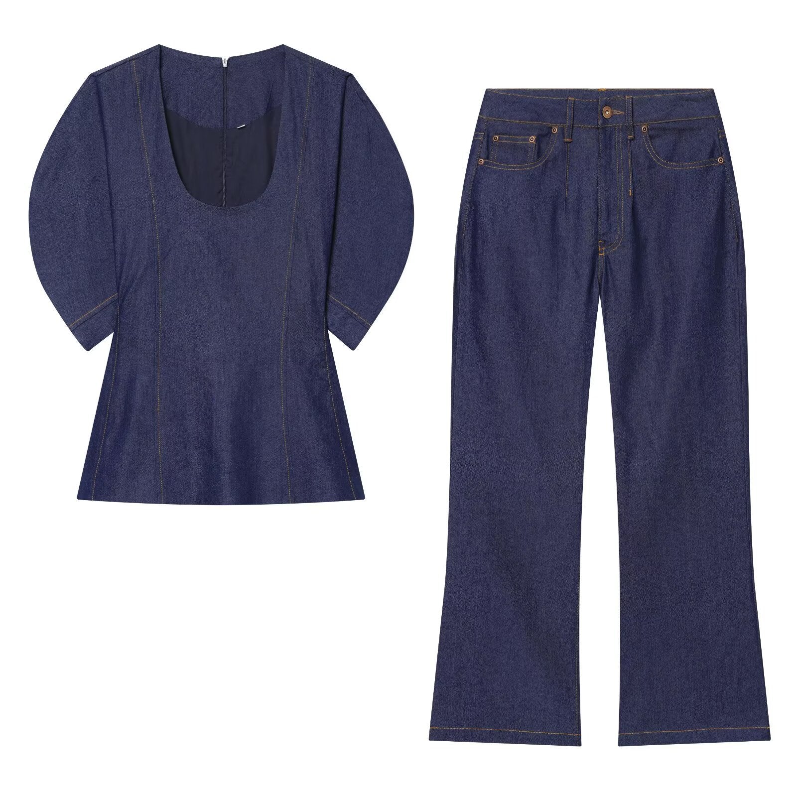 Bubble sleeve denim shirt+denim suit