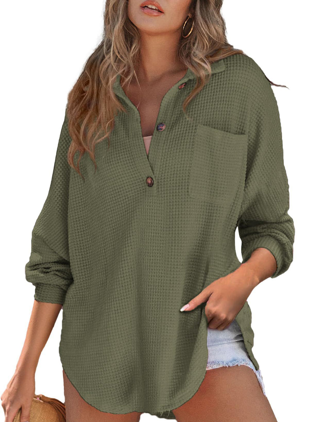 women's waffle knit top with cinched waist