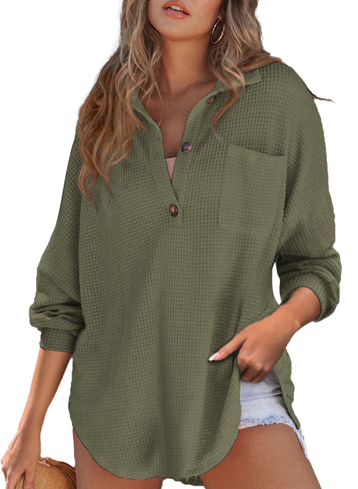 women's waffle knit top with cinched waist