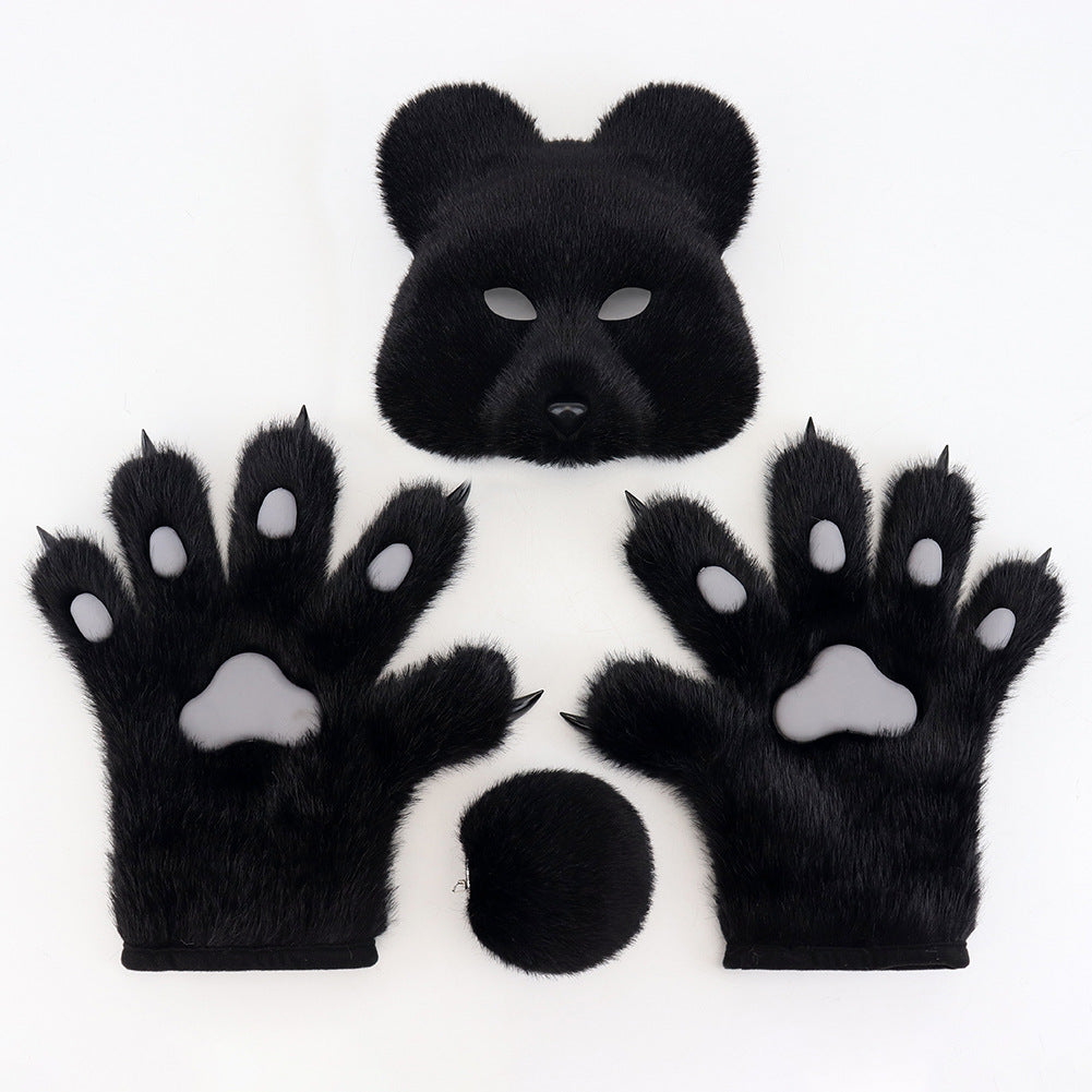 Halloween Fuzzy Costume Set with Realistic Bear Mask and Handmade Bear Paw Gloves for Cosplay and Convention Props