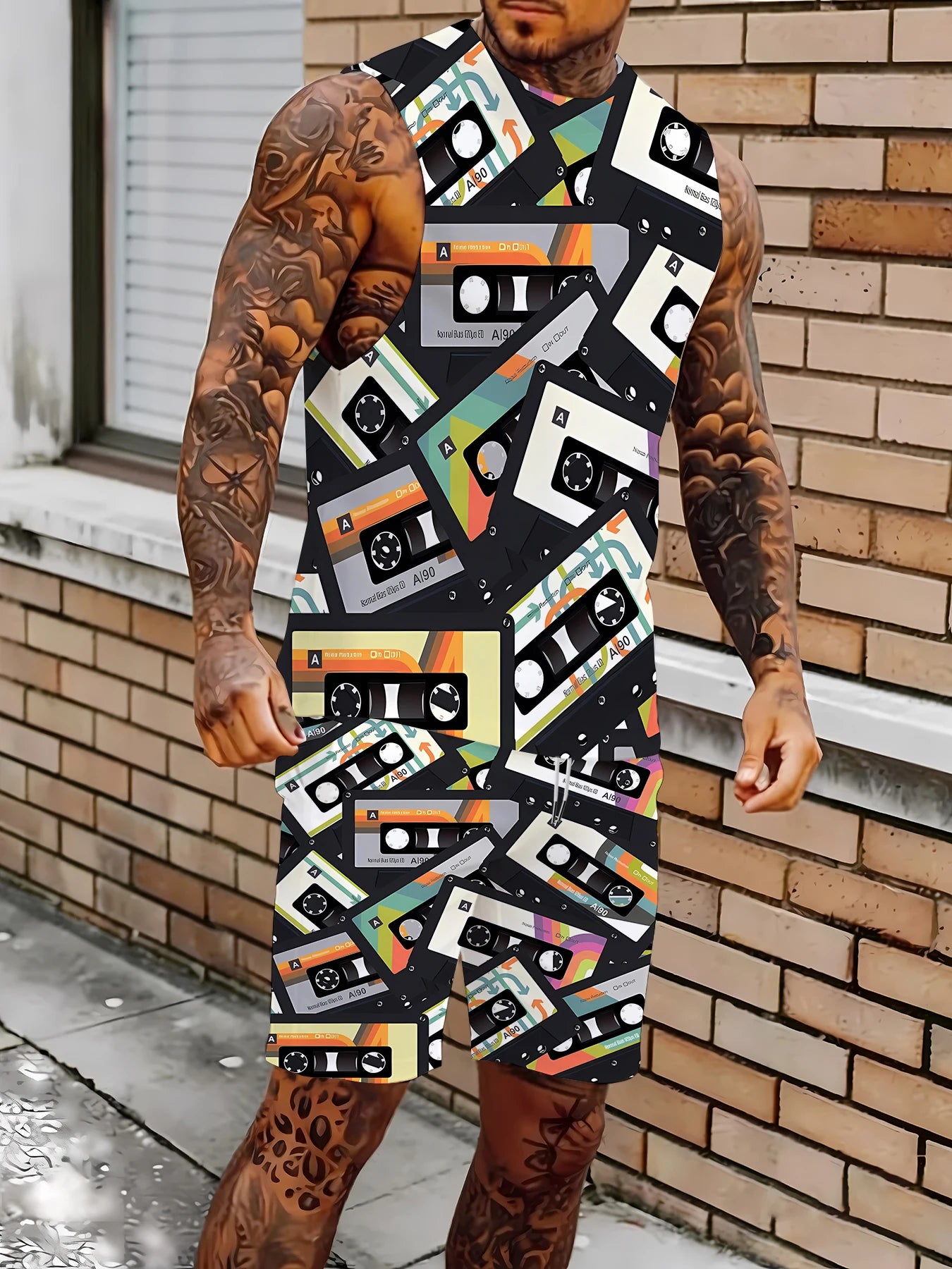 Men's V-Neck Tank Top and Shorts Set Lightweight Polyester Homewear Vacation Outfit Standard Fit