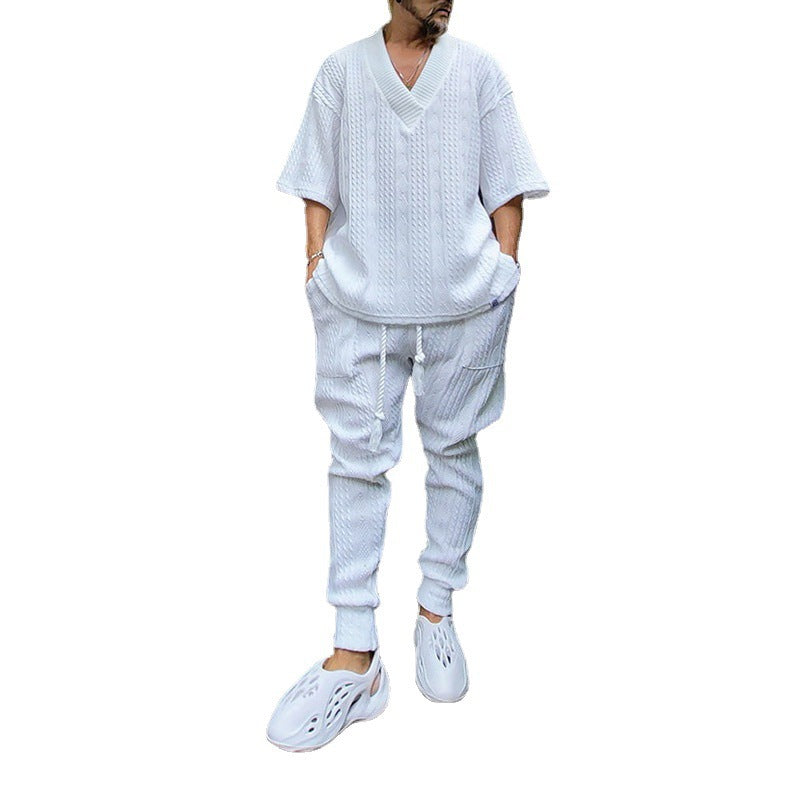 Summer New Casual Knitwear Set for Men, Loose Short Sleeve T-Shirt and Long Pants, Men's Knitted Outfit