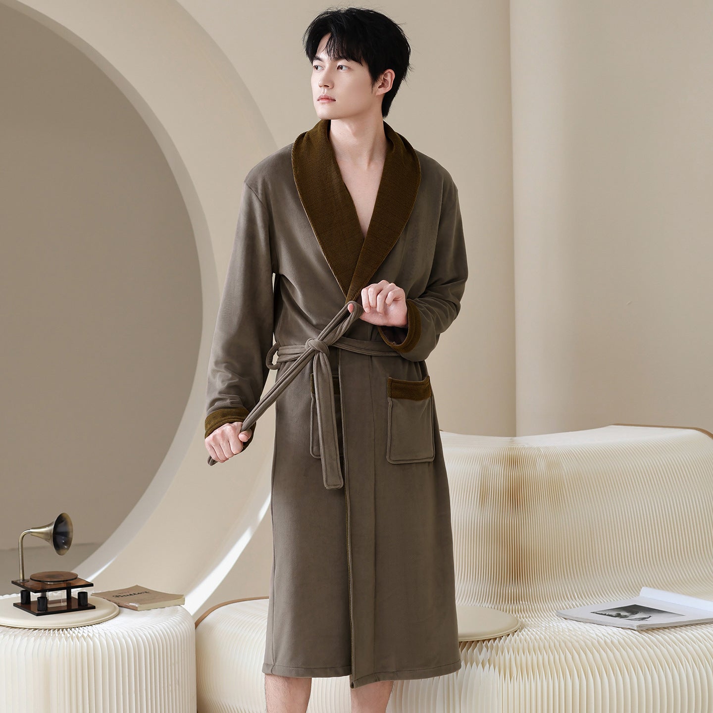 Winter Sleeping Robe for Men, Thickened and Warm, Medium to Long Robe for Men