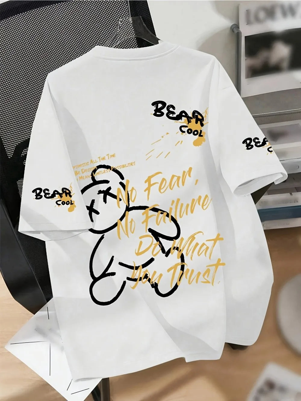 Summer men's round neck breathable T-shirt with cartoon bear print pattern suitable for daily and weekend gifting to friends