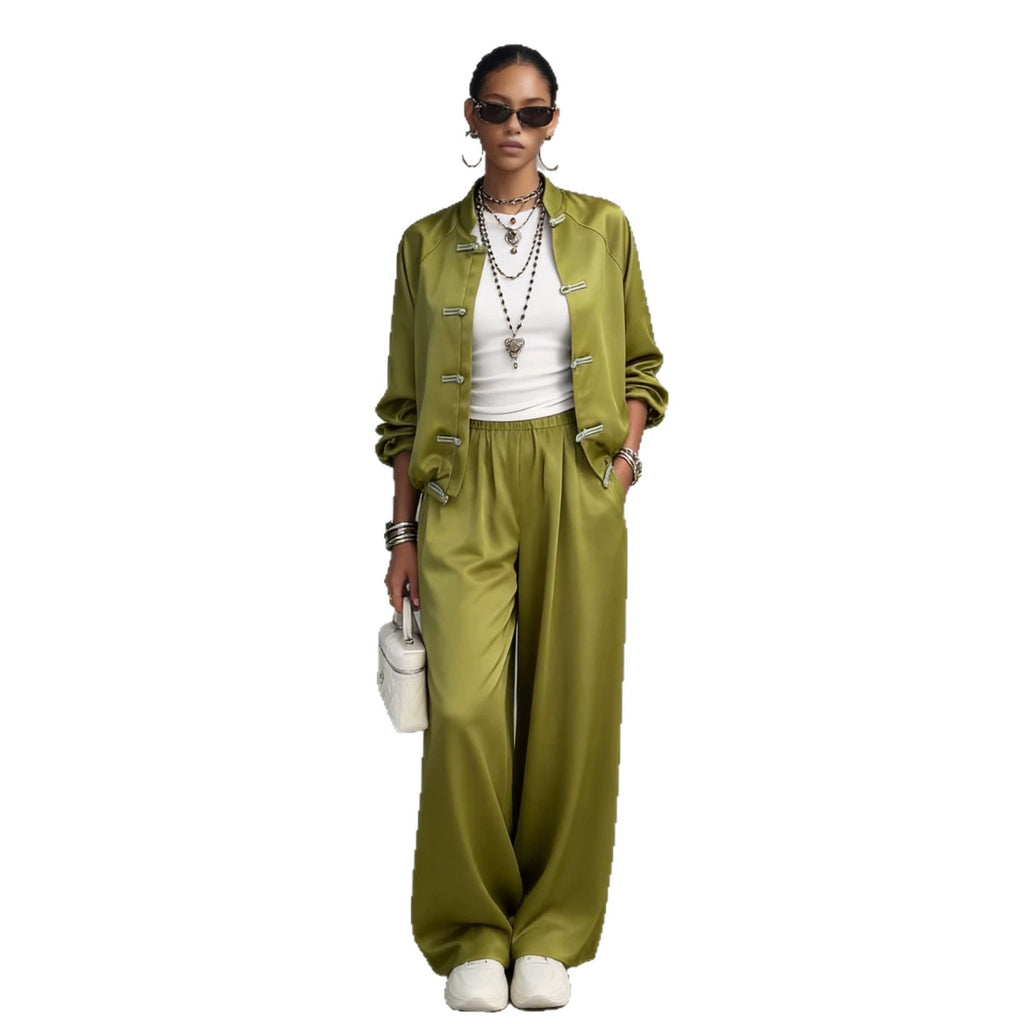Satin set with hanging wide leg pants and drawstring two-piece set