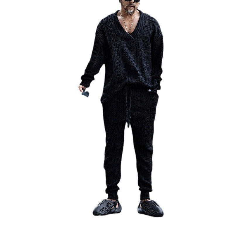 Style Men's Casual Knitwear Set, Loose Long Sleeve Top and Long Pants for Men