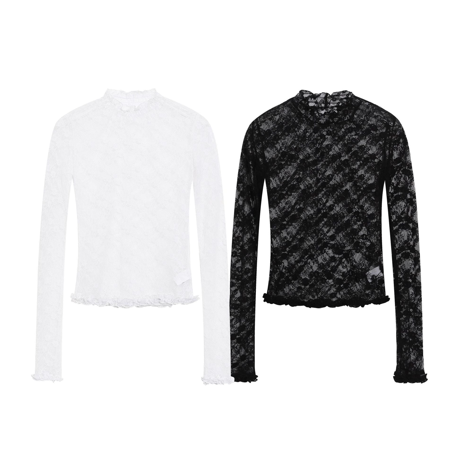 Neck Ruffled Lace Top for Women, Slim Fit Long Sleeve Mesh Inner Layer with Lace Trim