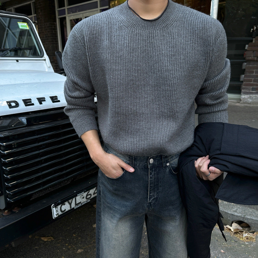 Mature Style Solid Color Crewneck Sweater Men Winter Warm Loose Knit Base Layer  Commute Outfit