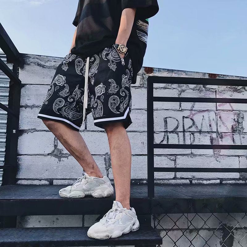 Drawstring shorts men's loose fashion straight leg casual sports quarter pants