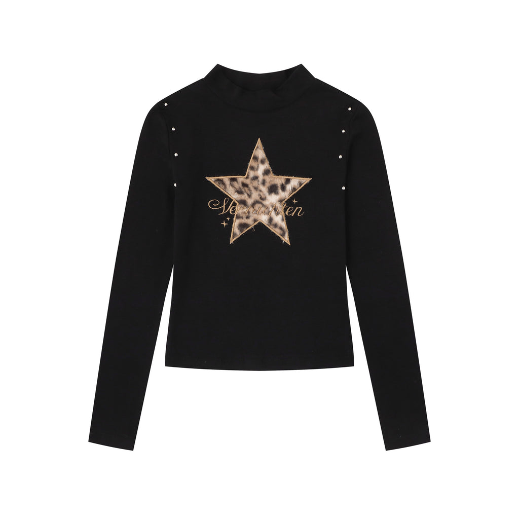 Heavywork Leopard Star Applique T-Shirt High Neck Stud Sweet Spicy Style Versatile Long Sleeve