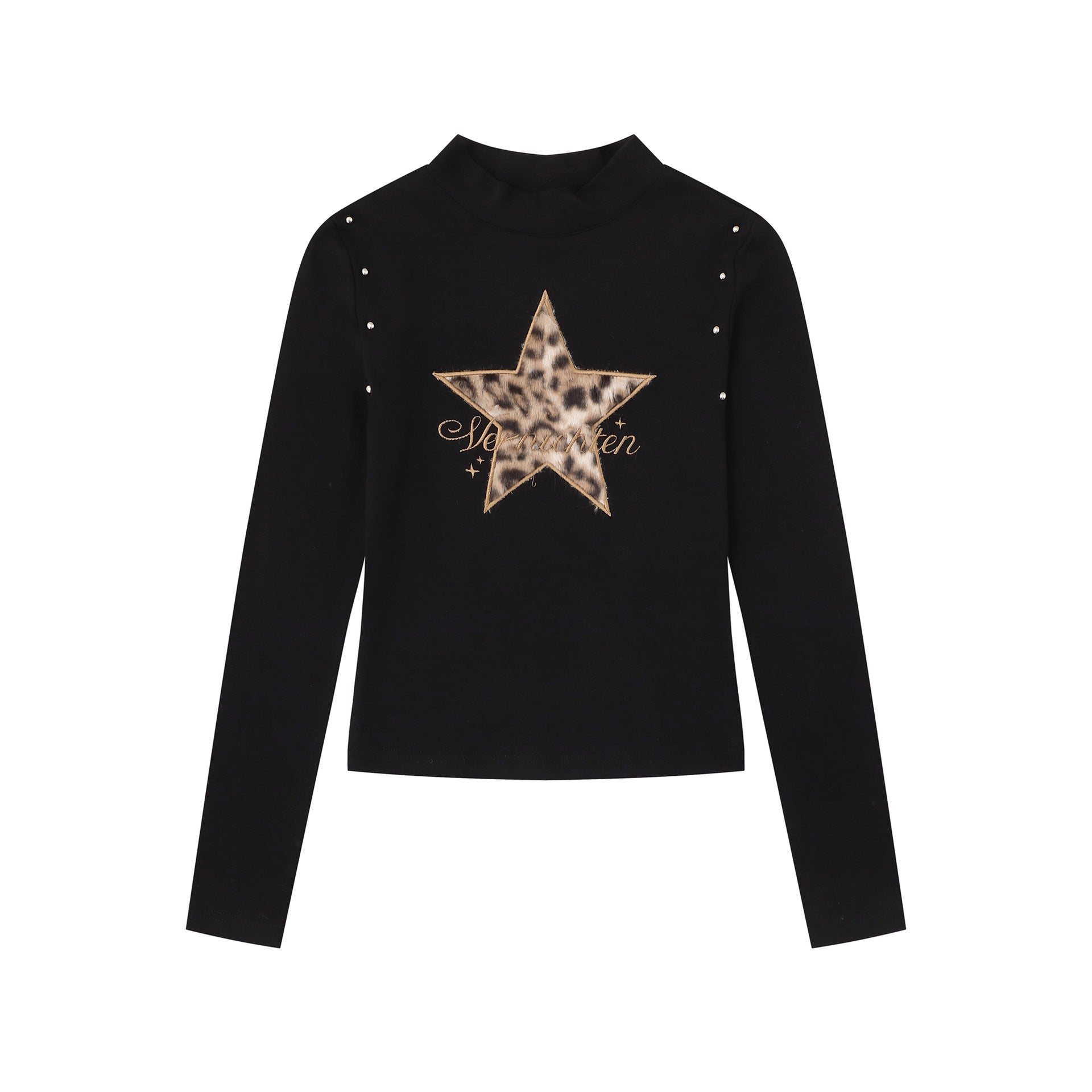 Heavywork Leopard Star Applique T-Shirt High Neck Stud Sweet Spicy Style Versatile Long Sleeve