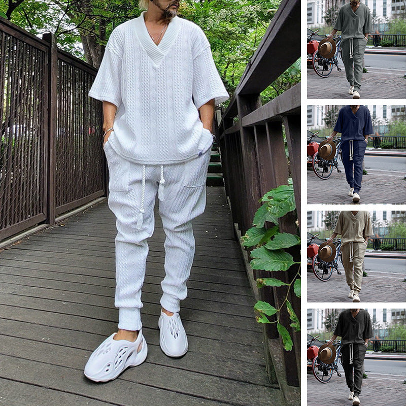 Summer New Casual Knitwear Set for Men, Loose Short Sleeve T-Shirt and Long Pants, Men's Knitted Outfit