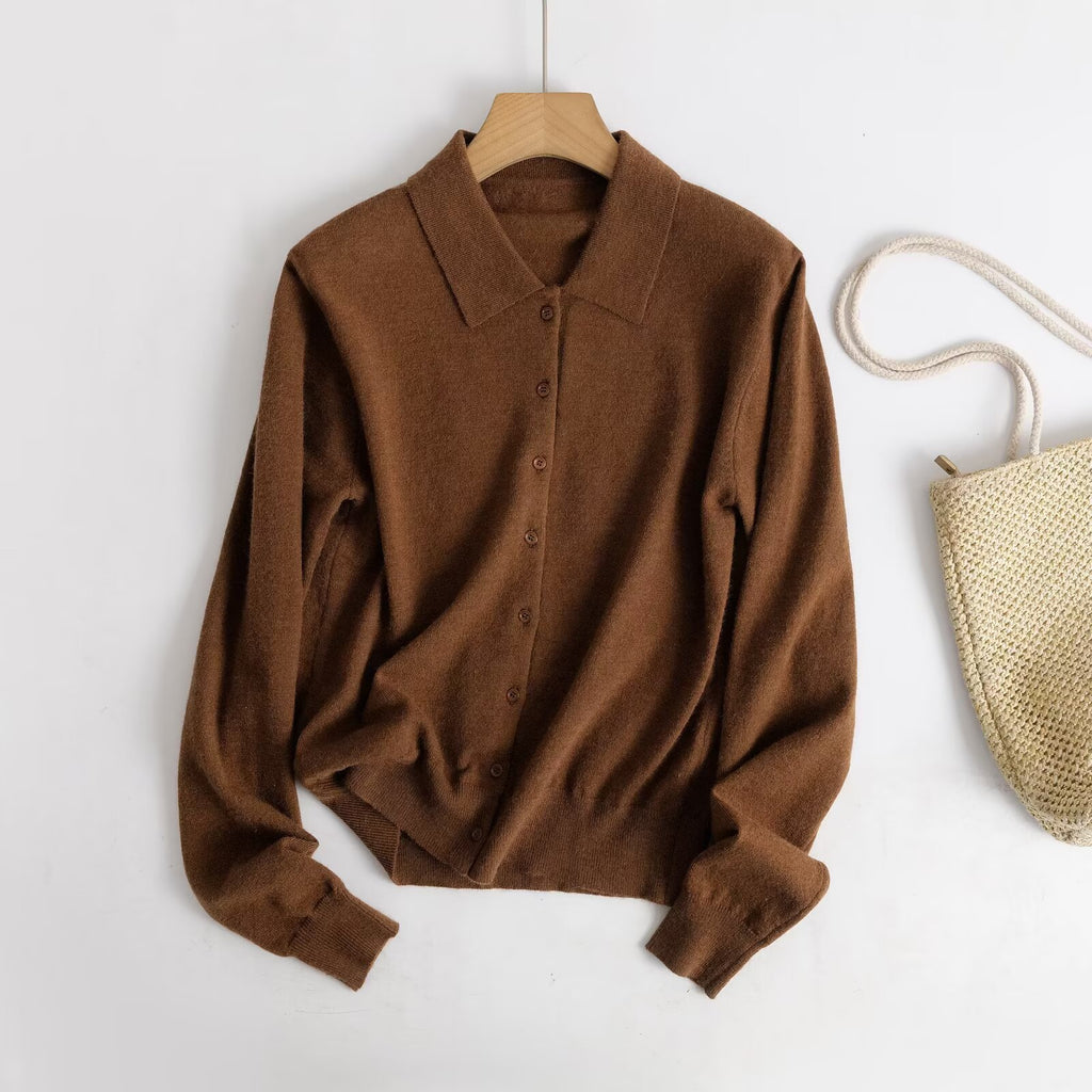 Style Plain Long Sleeve Polo Collar Knit Cardigan