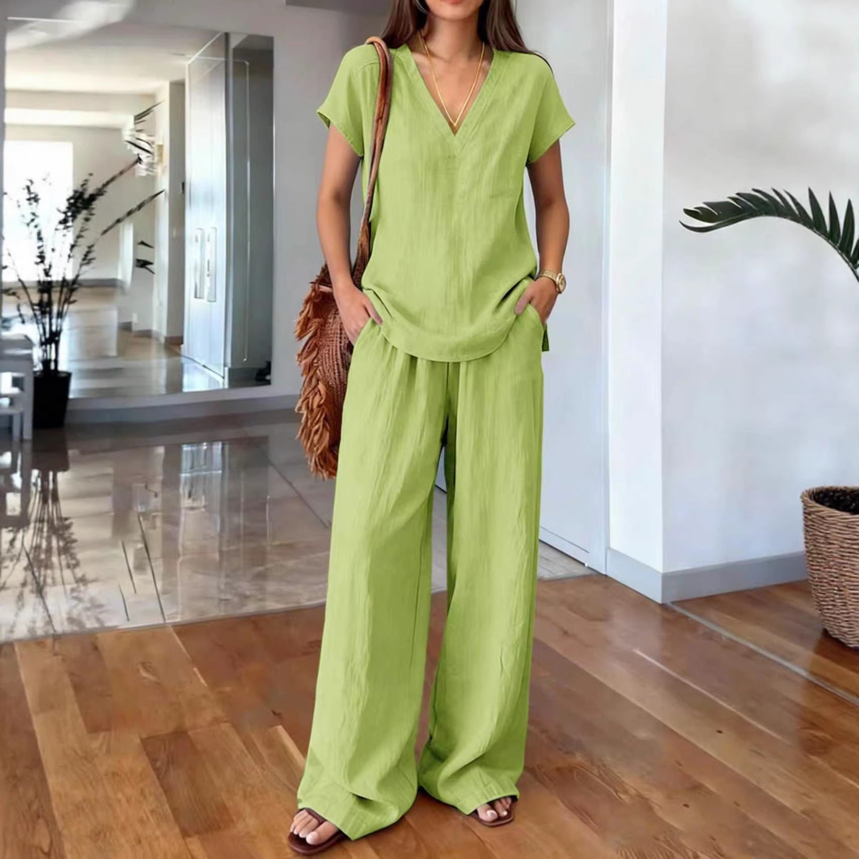 Clothing  Solid Color Women's Fashion Set V-Neck Short Sleeve Long Pants Casual Two-Piece Set