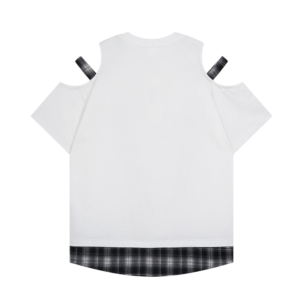 Print Women's Plaid Mock Two-Piece Off-Shoulder Slimming T-Shirt for Commute Outfits