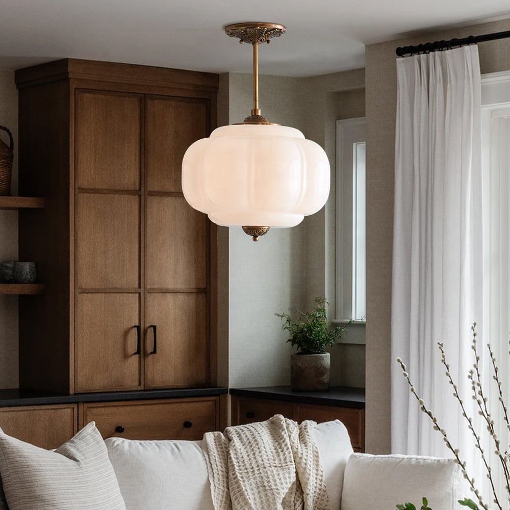 Vintage All-Copper Ceiling Lamp, American Style Simple Glass Pumpkin Pendant Light for Restaurant, Bedroom, Study, Balcony, Entryway, Retro Chandelier
