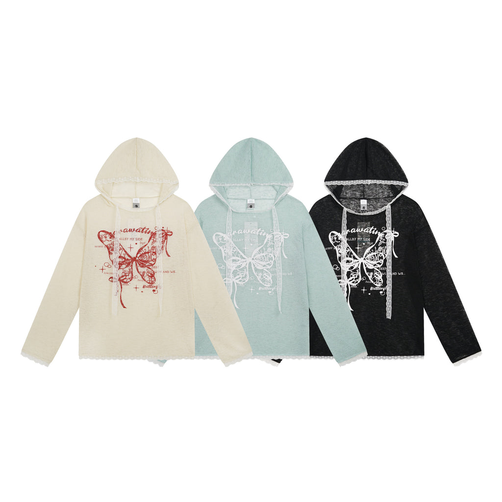 Lace Butterfly Applique Hoodie Lightweight Breathable Lace Trim Sweet Style Long Sleeve