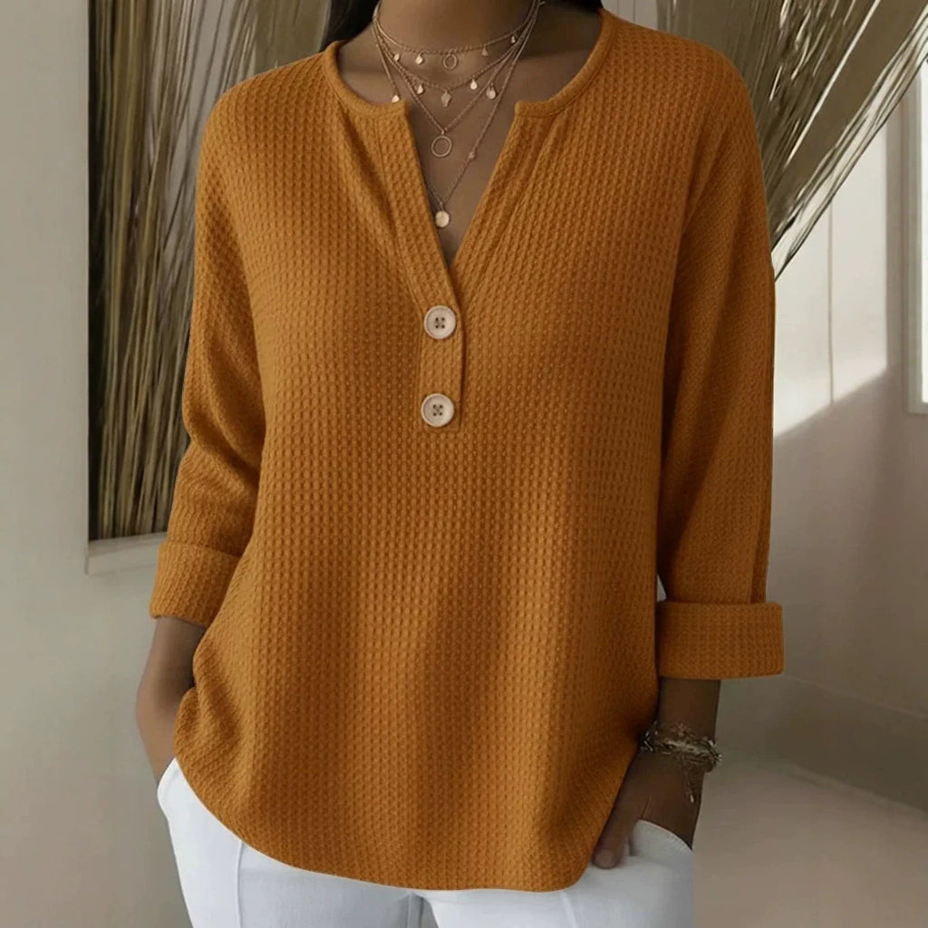 V-neck Waffle Knit Women's Sweater Solid Color Casual Long Sleeve Top Pullover