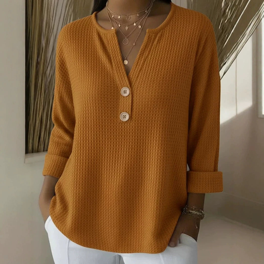V-neck Waffle Knit Women's Sweater Solid Color Casual Long Sleeve Top Pullover